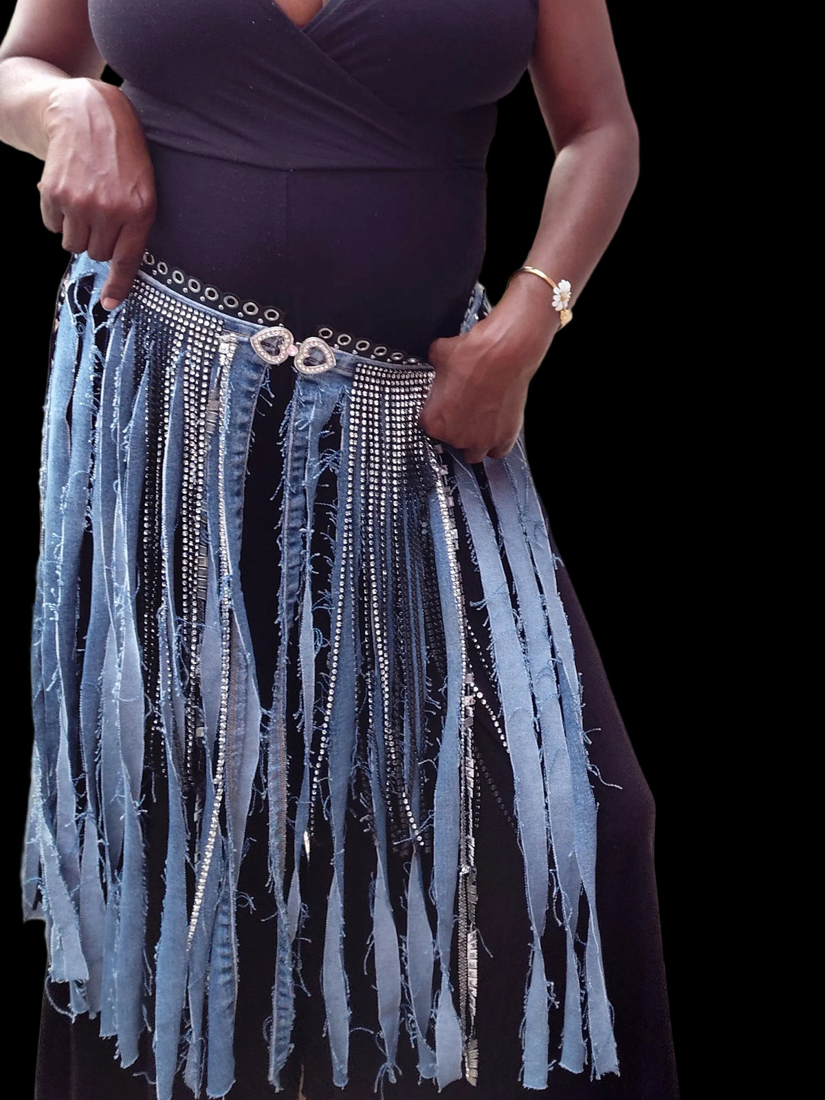 Fringe belt jean and rinstone