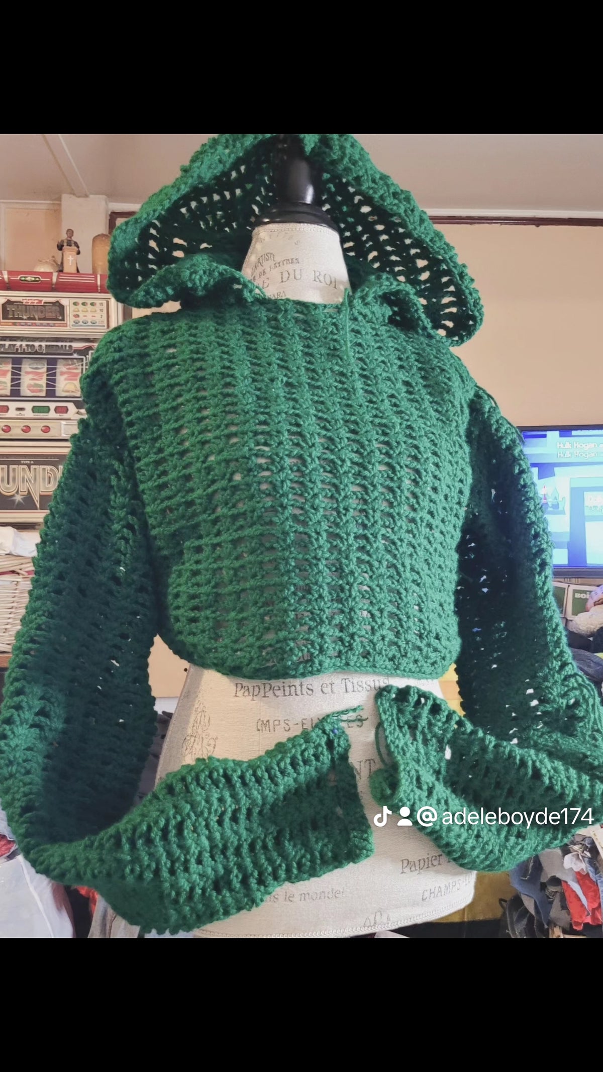 Crop green hooded crochet sweater