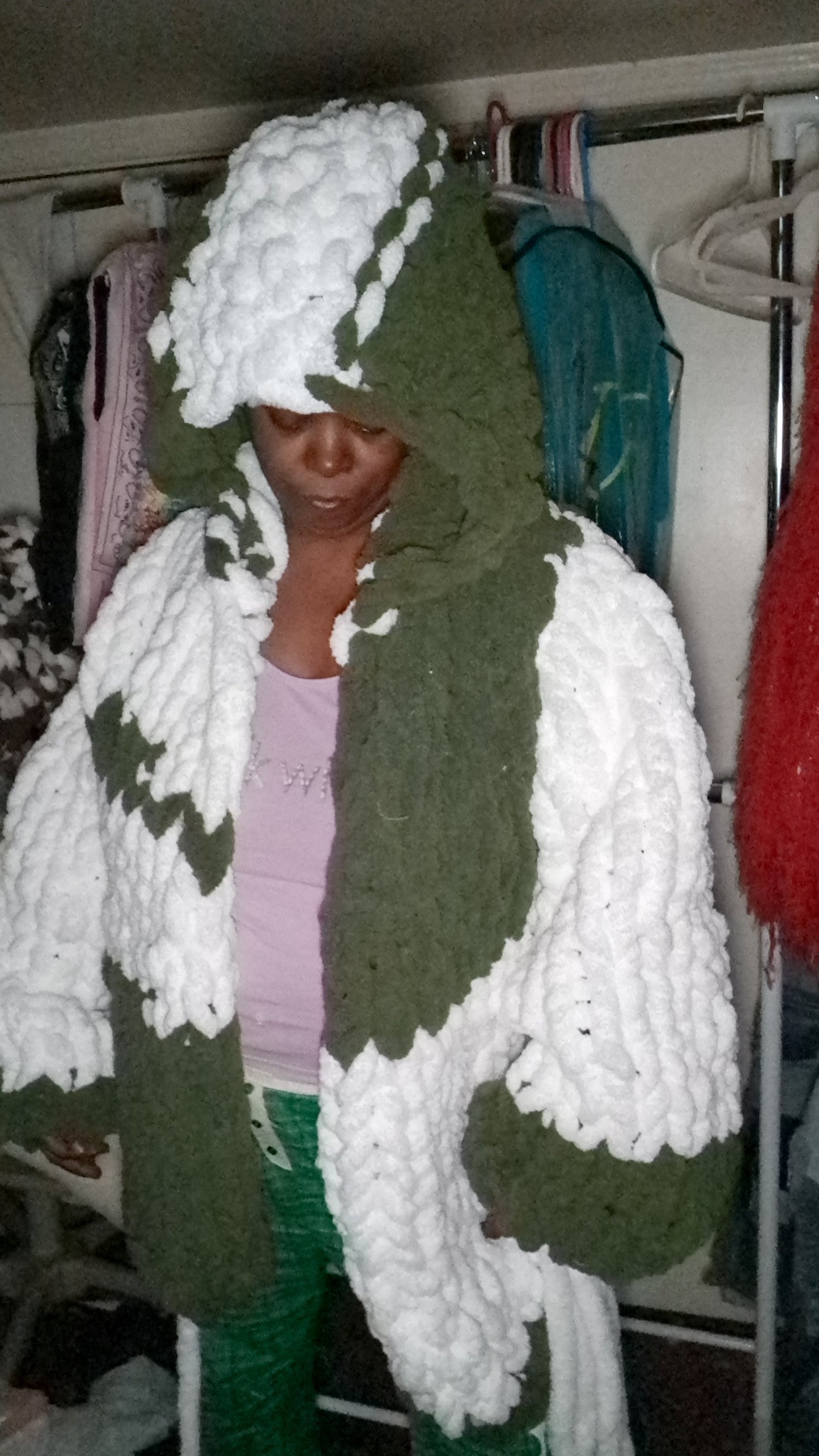 Green and white short fuzzy cardigan