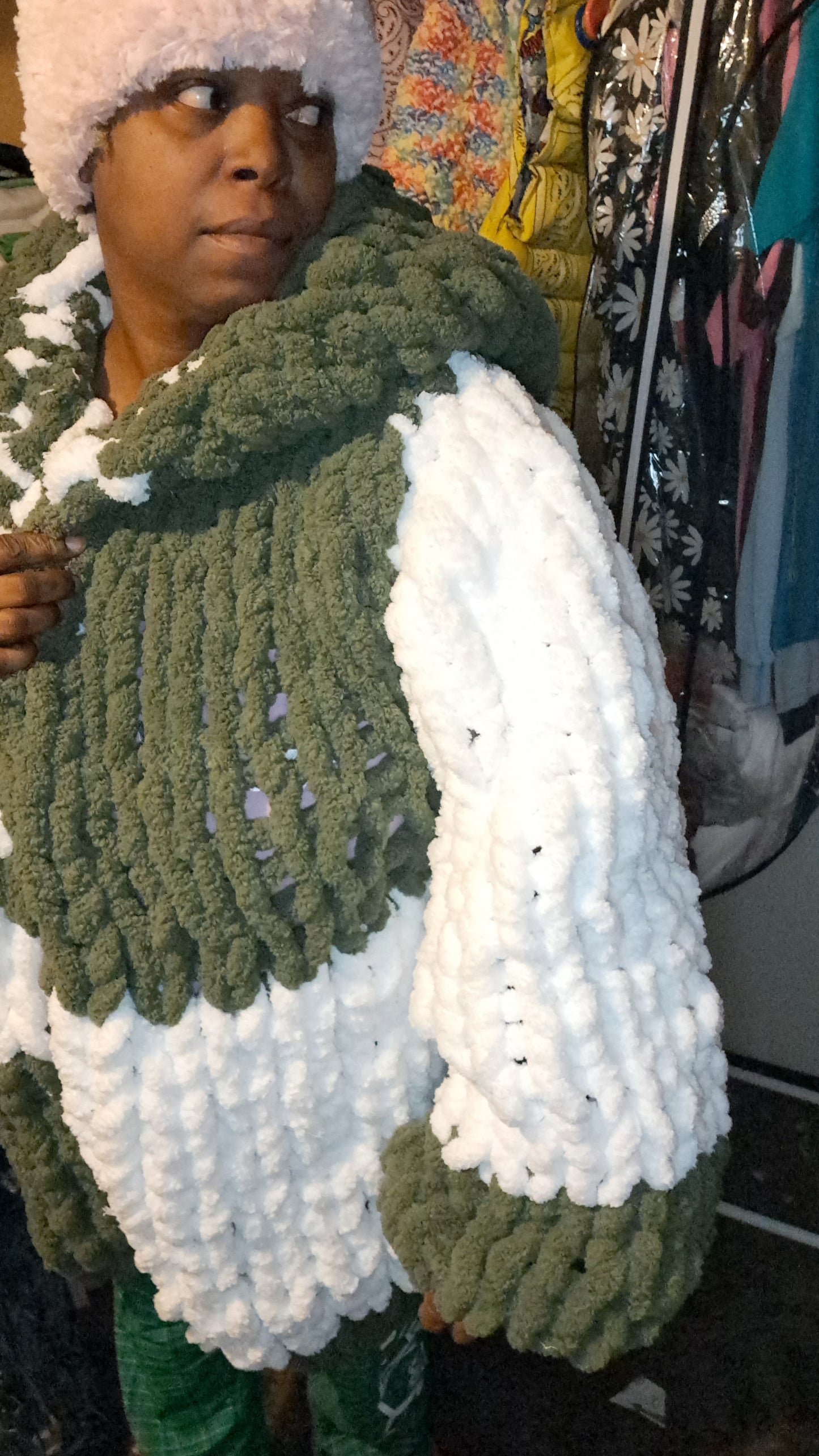 Green and white short fuzzy cardigan