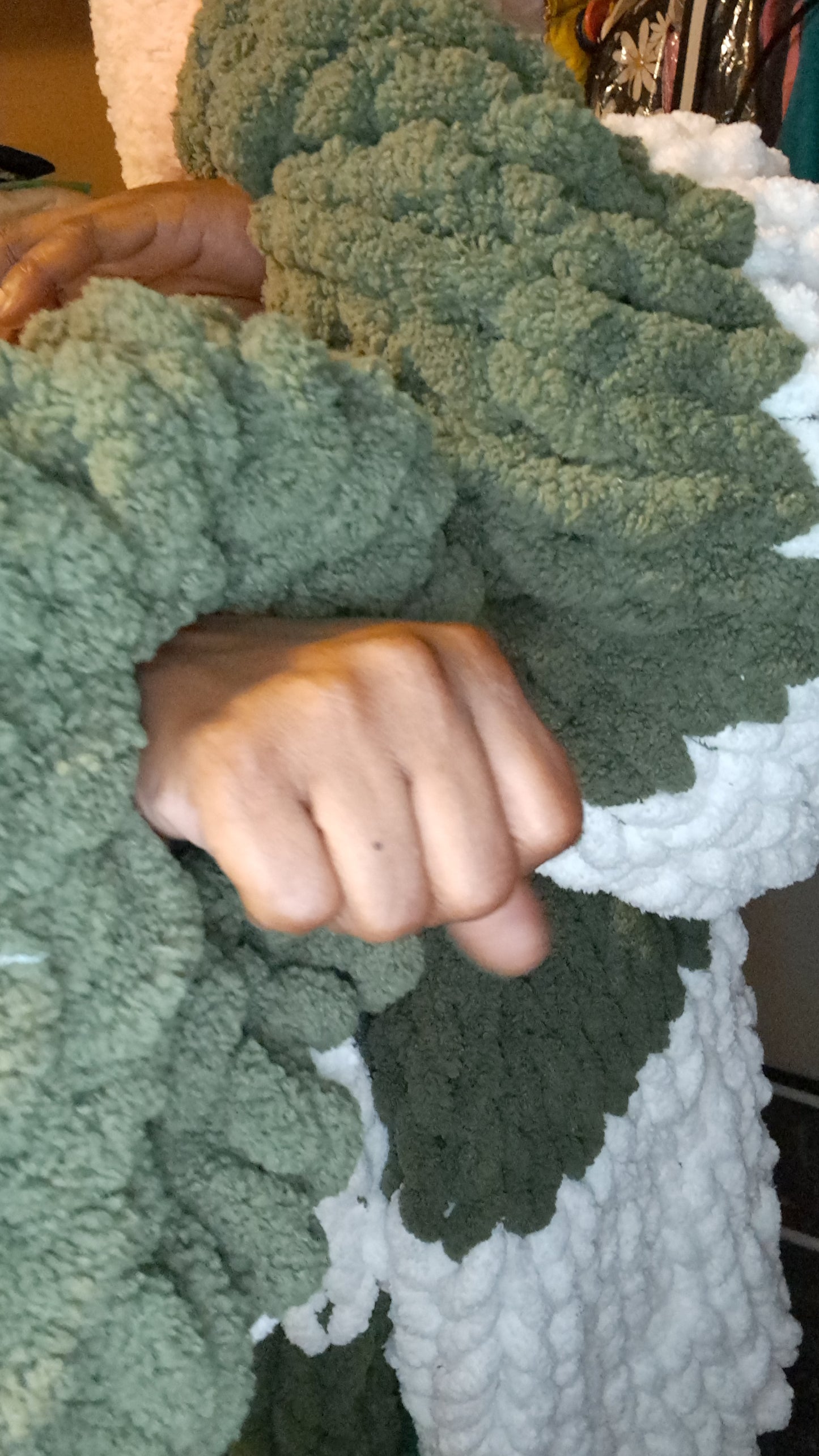Green and white short fuzzy cardigan