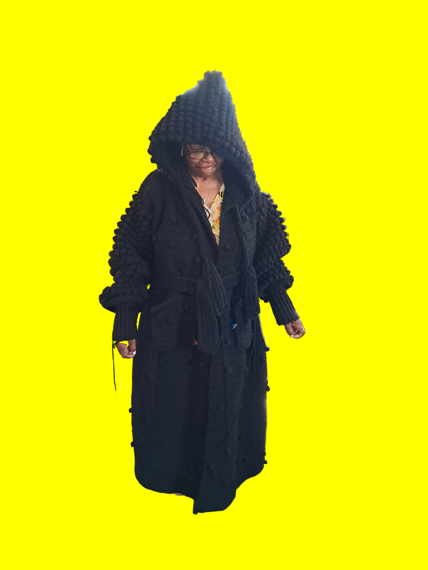 Popcorn crochet hoodie sweater handmade in black long