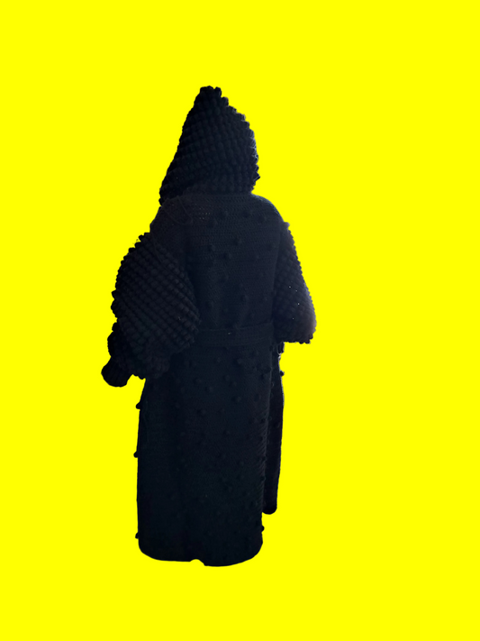 Popcorn crochet hoodie sweater handmade in black long