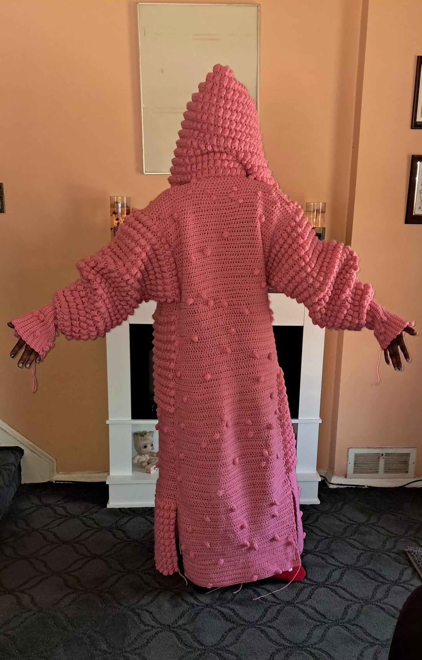 Pink popcorn crochet hoodie duster