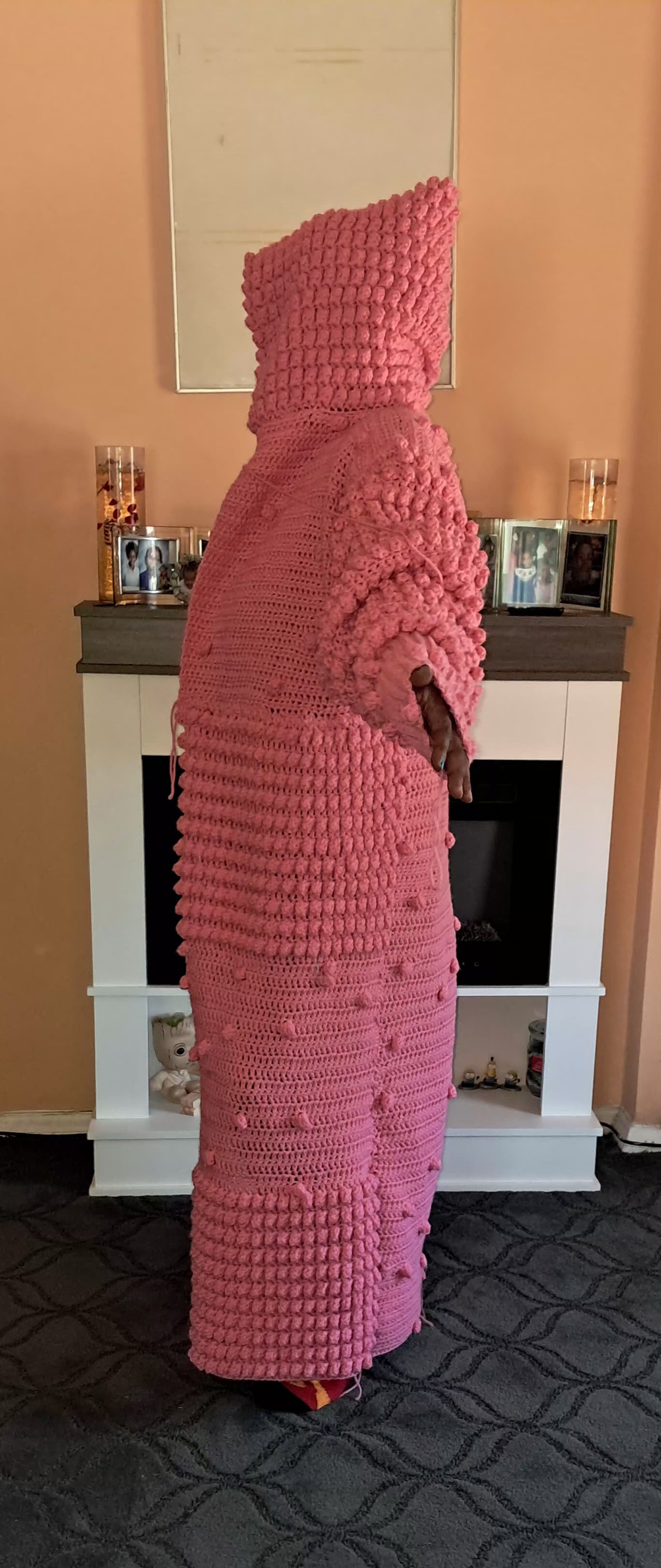 Pink popcorn crochet hoodie duster