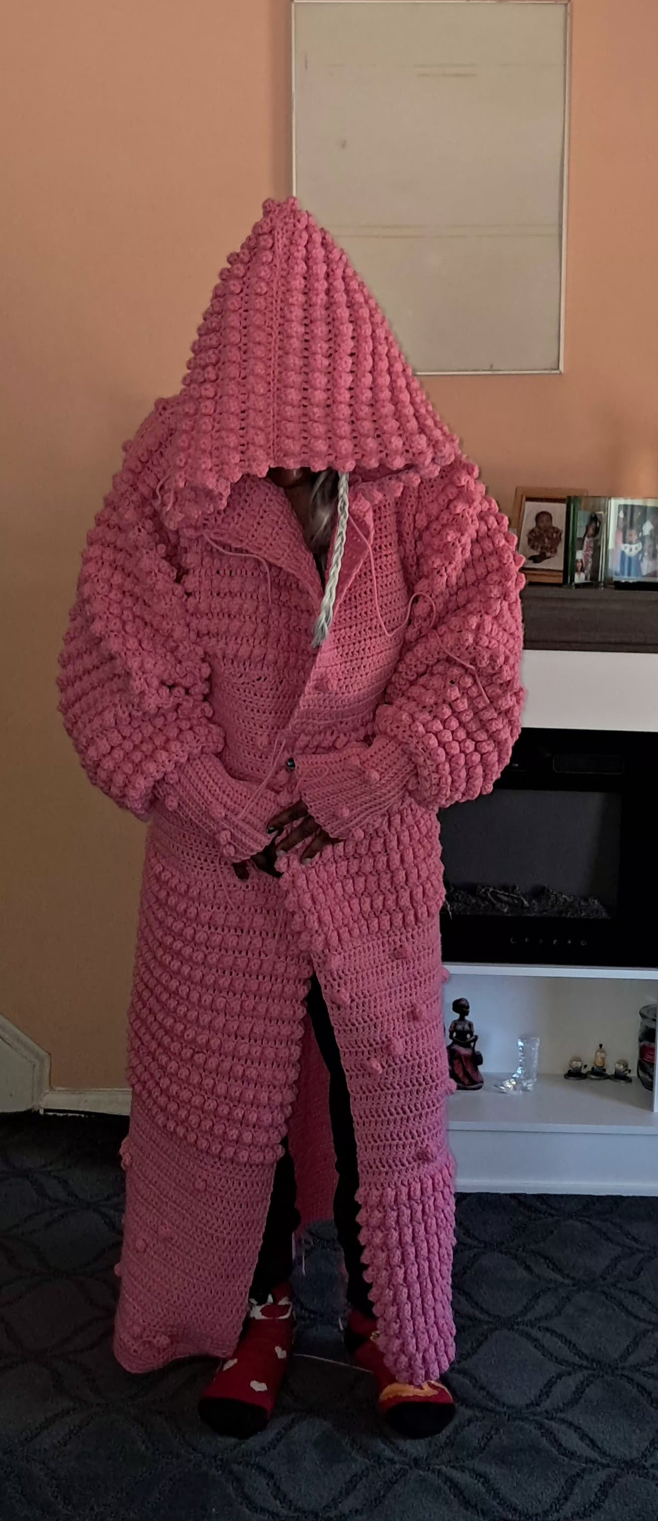Pink popcorn crochet hoodie duster