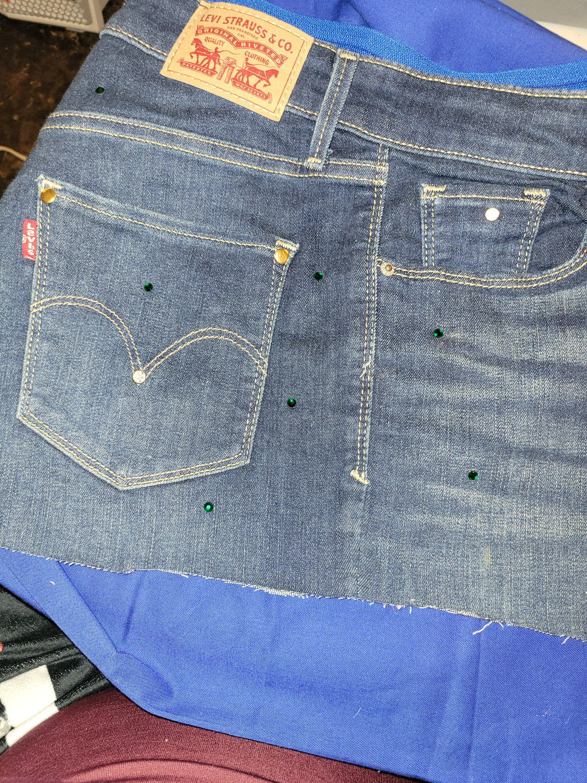 Blue jean Levi's purse green rinstones small