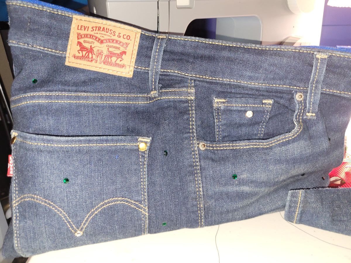 Blue jean Levi's purse green rinstones small