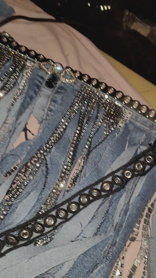 Fringe belt jean and rinstone